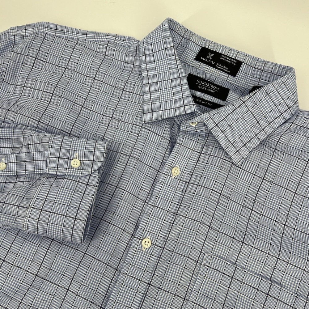 Nordstrom Men's Shop Dress Shirt Men 17.5 37 Traditional Fit 100% Cotton Blue